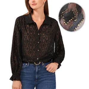 NWOT Vince Camuto Jacquard Button Up Blouse Black Gold Semi Sheer Sz Small